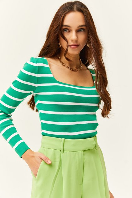 Women's Striped Grass Green Square Collar Crop Basic Knitwear Blouse BLZ-19001114
