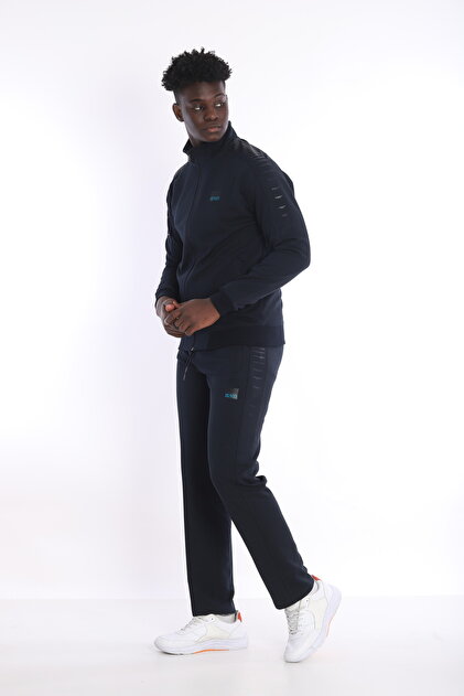 Men's Navy Blue Daily Double Cotton Fabric Patterned Tracksuit Set Nd 2252