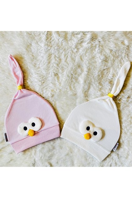 Pink and White Chick Figured 2-Piece Baby Girl and Boy Combed Cotton Hat Beanie