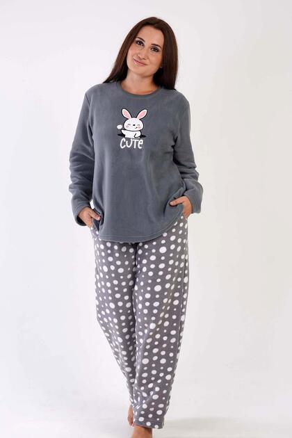 Women's Large Size Long Sleeve Fleece Gray Pajamas Set C3T0N3O175