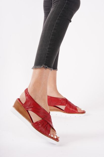RİKEL DERİ Kadın Kırmızı Hakiki Deri Dolgu Topuklu Sandalet Kp-2104 - 2