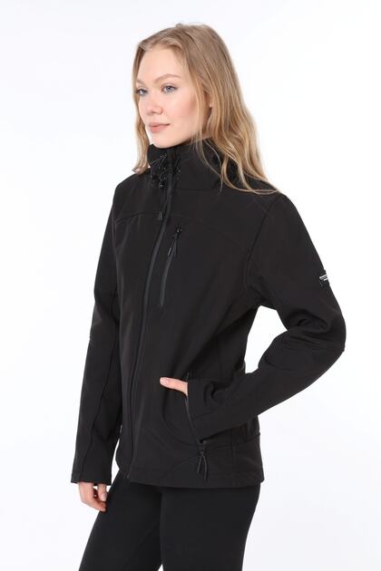 Kadın Siyah Su Rüzgar Geçirmez Softshell Spor Mont