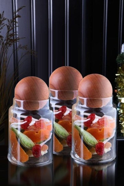 Glass Jar with Wooden Ball Lid 3pcs 900ml