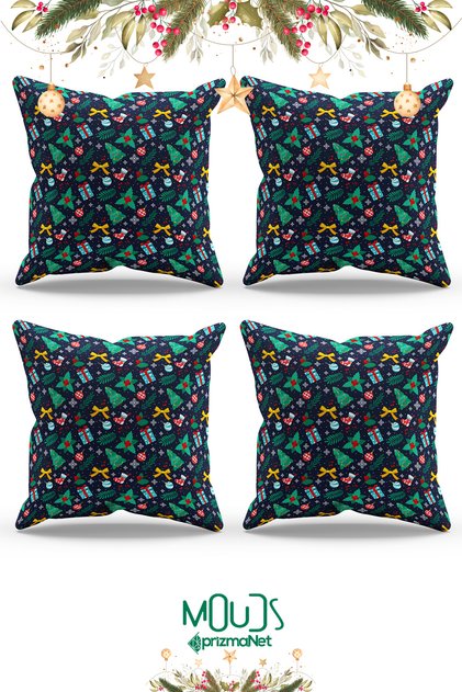 Double Sided Printed Navy Blue New Year Patterned Suede Throw Pillow Cover - PL1123-4LÜ