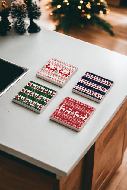 Christmas Patterned Christmas New Year Theme Natural Stone Travertine Coasters Set of 4