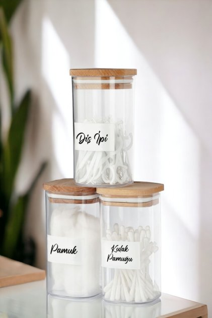 3-Piece Acrylic Cotton Ear & Cotton & Floss Organizer with Wooden Cover 300 Ml Bathroom Set