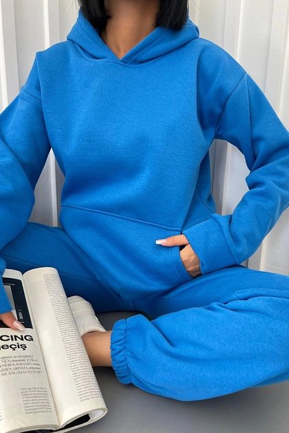 Women's Kangaroo Pocket Hood Detailed Sweatshirt and Elastic Leg High Waist Blue Tracksuit Set 400