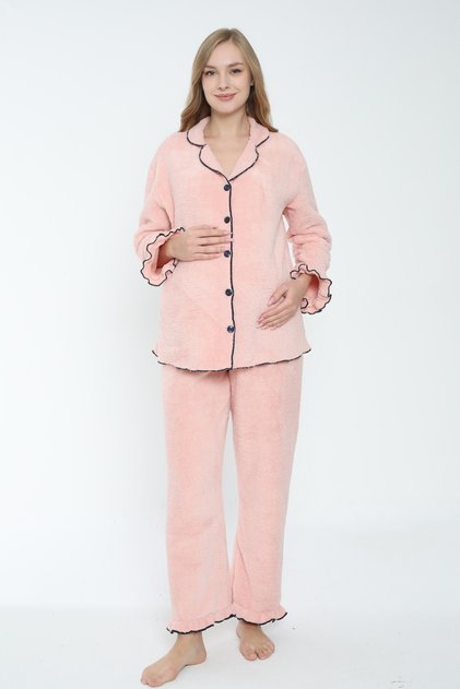Front Buttoned Maternity and Maternity Plush Pajama Set