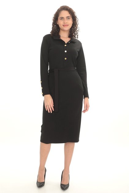 X MODAPO Women's Shirt Collar Buttoned Sleeve Buttoned Belted Knitted Dress