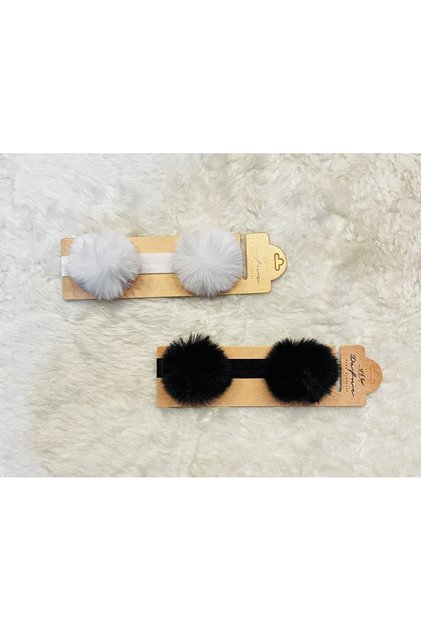 Black-White 2-Piece Baby Girl Kids Bandana with Pompom