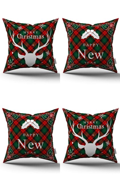 Red Green New Year Themed 4 Piece Digital Printed Throw Pillow Cover Set