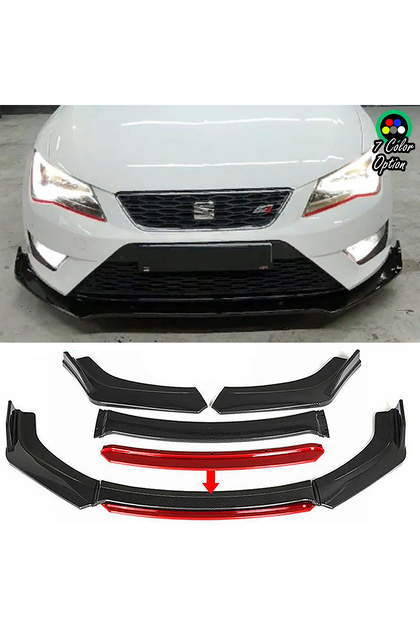 Seat Leon Fr Kırmızı Renkli Şeritli Dilli Ön Lip 4 Prç Parlak Siyah ABS
