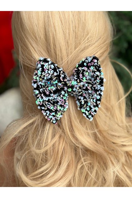New trend luxury shiny lights up rotary hologram white sequin black velvet big bow metal clip buckle