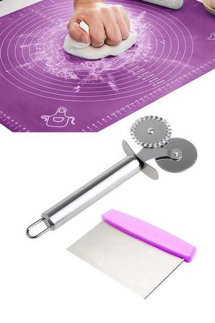 Set of 3 Silicone Dough Rolling Mat & Pizza Dough Pastry Cutter & Dough Cutting Spatula