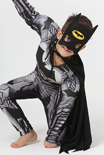 Batman Kostümü kaslı çocuk batman kıyafeti maskeli pelerinli yarasa adam parti özel gün kıyafeti - 1