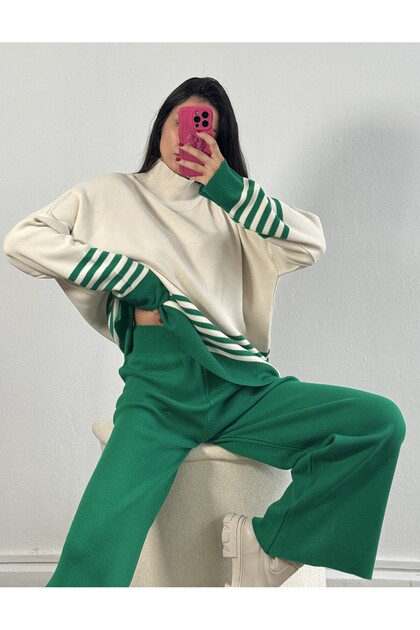 Benetton Green Half Turtleneck Striped Knitwear Top and Bottom Set 26044