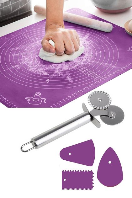 Silicone Dough Rolling Mat & Pizza Dough Pastry Cutter & 3-Piece Dough Pastry Decoration Set | 5 Piece Set |