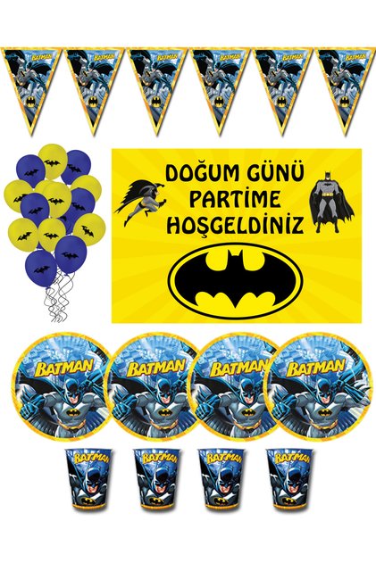Batman Batmen Sarı 35x50 Cm Afişli ve Flamalı 8 Kişilik Doğum Günü Parti Süsleri Seti