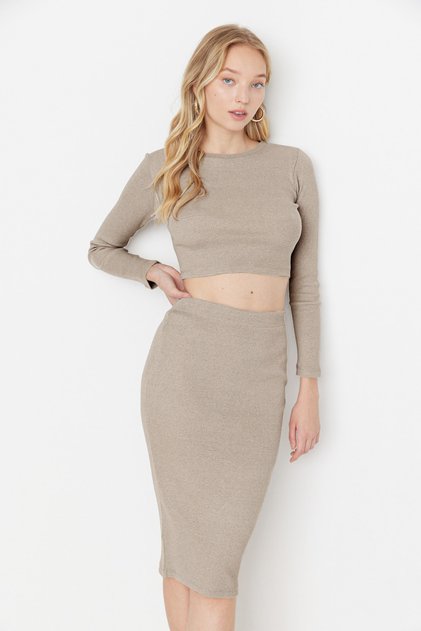 Set de partea superioară și inferioară tricotate flexibile cu nervuri Stone Crop TWOAW22AU0496