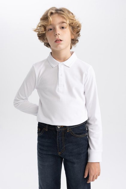Boy's Regular Fit Polo Neck Pique Long Sleeve Polo T-Shirt