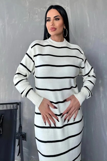 Women's Oversize Fit Line Patterned Long Sleeve Crew Neck Midi Length Ecru Knitwear Dress 1080