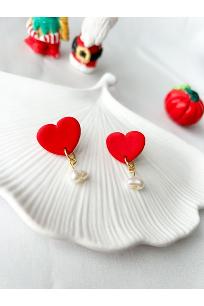 Valentine's Day Red Pearl Detailed Heart Earrings