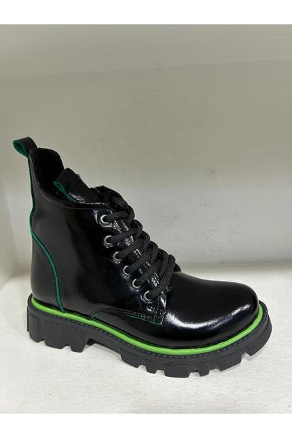 Children's Genuine Leather Boots Green Cut Black Patent Leather