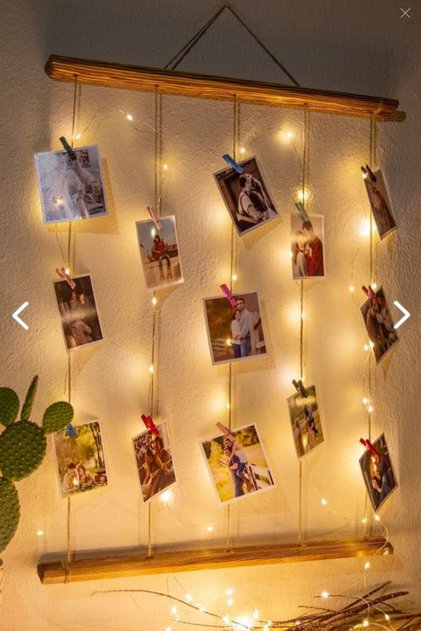Ipli Mandallı Işıklı Fotoğraf Askısı, Ledli Anı Duvarı, Ahşap Fotoğraf Çerçevesi