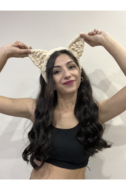 Puffy Knitted Winter Beanie Bandana with Cat and Bear Ears
