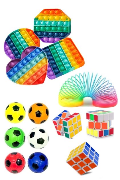 Eğitici Oyuncak Set 1 Popit 1 Zeka Küpü 1 Yay 1 Işıklı Dikenli Top