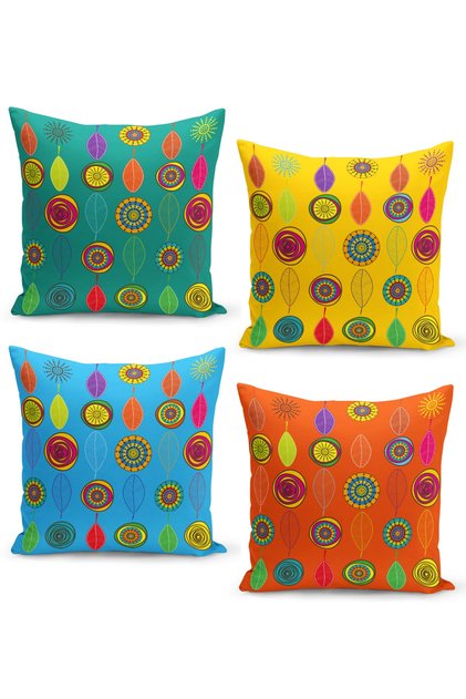 Set of 4 Throw Pillow Cases with Patchwork Flowers and Leaves Pattern