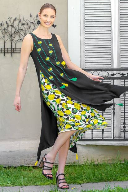 Chiccy Kadın Siyah Limon Nakışlı İki Katlı Limon Desenli Dokuma Maxi Elbise M10160000EL95040 - 1