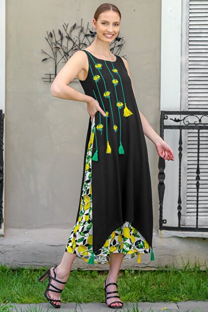 Chiccy Kadın Siyah Limon Nakışlı İki Katlı Limon Desenli Dokuma Maxi Elbise M10160000EL95040 - 4