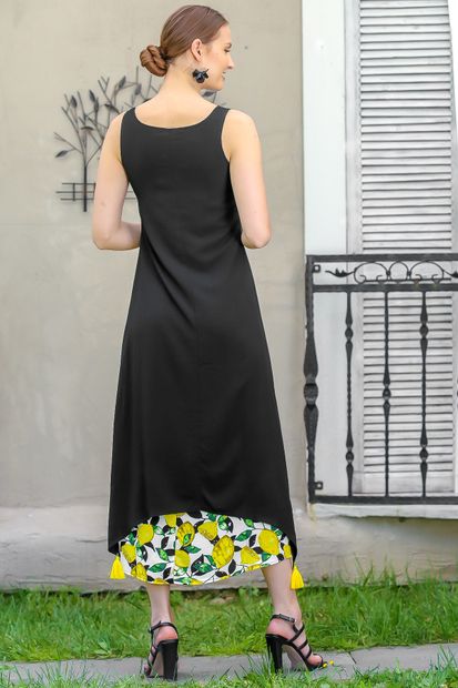 Chiccy Kadın Siyah Limon Nakışlı İki Katlı Limon Desenli Dokuma Maxi Elbise M10160000EL95040 - 5
