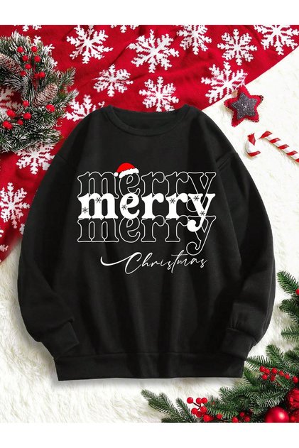 crew neck MERRY CHRISTMAS PRINTED BLACK sweatshirt