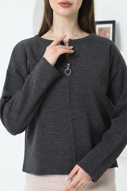Women's Anthracite Steel Knit Zippered Knitwear Cardigan
