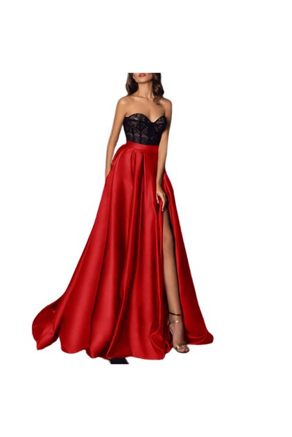 Women's Elegant Red Slit Detail Satin A-Line Pleated Skirt