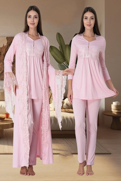 Women's Powder Design Princess Sleeved Cotton Maternity Maternity Dressing Gown Pajama Set