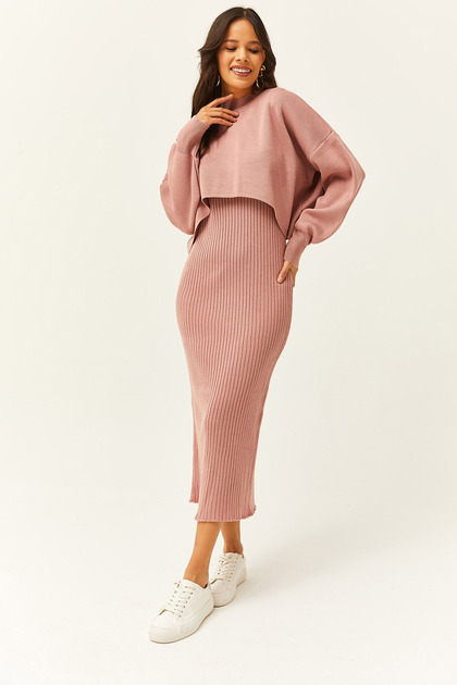 Olalook Women's Dusty Rose Top Crop Sweater Bottom Strap Dress Knitwear Suit TKM-19000176- Trendyol Olalook Women's Dusty Rose Top Crop Sweater Bottom Strap Dress Knitwear Suit TKM-19000176- Trendyol