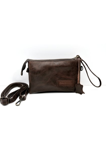 Helene Antik Kahve Üç Gözlü Hakiki Deri Portföy Clutch Askılı Çanta