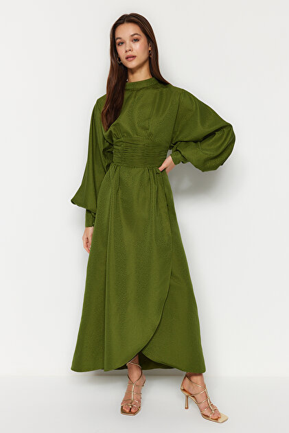 Trendyol Modest Green Waist Draped Balloon Sleeves Self Pattern Evening  Dress Tctss23Db00017- Trendyol