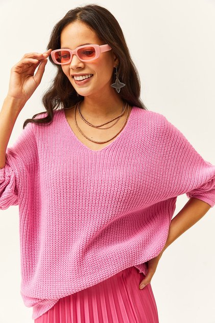 Women's Candy Pink V-Neck Selanik Knit Oversize Knitwear Tunic TNK-19000081
