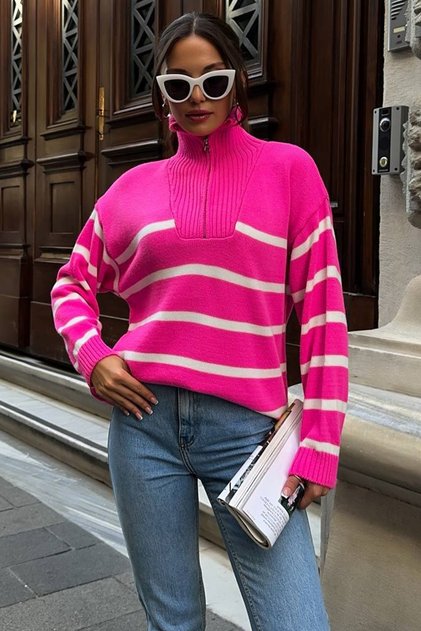 Wide Oversize Fit Low Shoulder Zipper Collar Long Sleeve White Striped Pink Sweater 8070