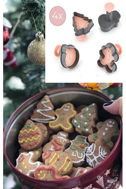 4-Piece Cookie Mold Pine Tree Gingerman Snowman Press-on Pump Dough Cutter 3133 New Year