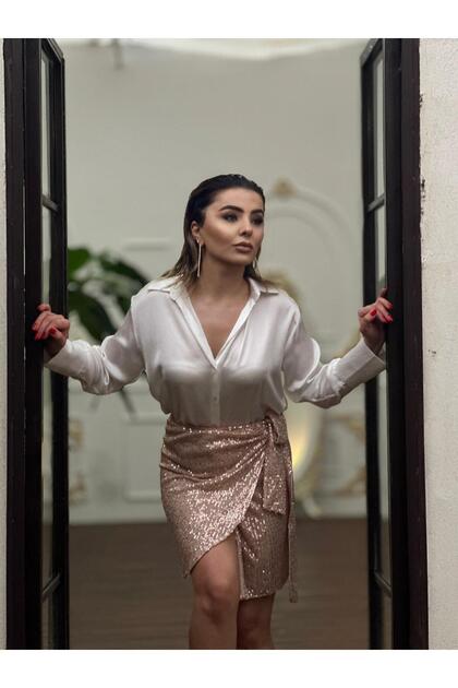 Powder Side Tie Detail Sequined Mini Skirt
