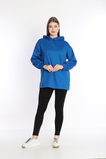 Women's Cobalt Blue Scuba Fabric Hooded Comfortable Fit Sweat Tunic - Nd 2355