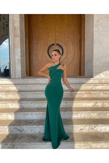 ModaLy Moda Flexible Scuba Fabric Green Color One Shoulder Long Evening  Dress and Graduation Dress 582211 707- Trendyol