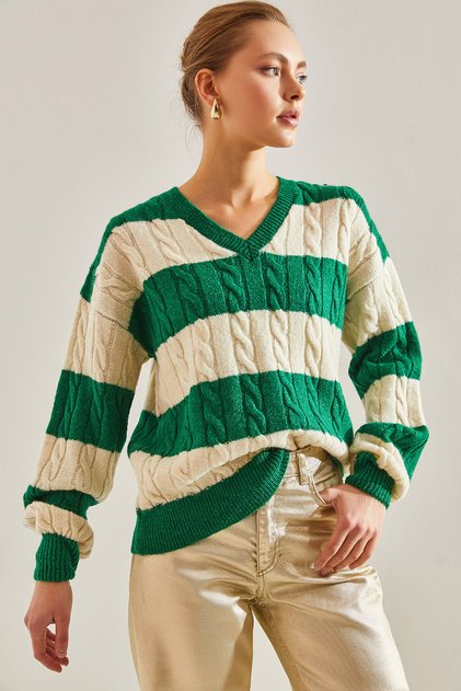 Women's Green Ecru V-Neck Hair Braided Knitwear Sweater 20234216
