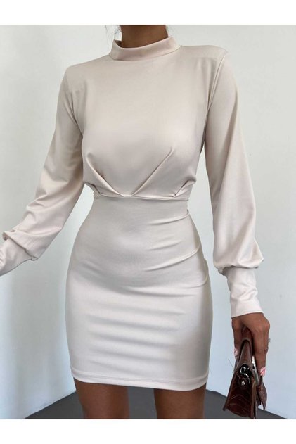 VERTICAL COLLAR DETAILED SANDY FABRIC MINI SIZE WOMEN'S DRESS