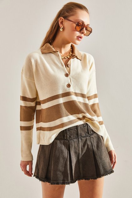 Women's Cream Camel Polo Collar Buttoned Knitwear Sweater 20234223